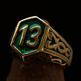 Excellent crafted Men's Biker Ring Green Number 13 - Solid Brass - BikeRing4u
