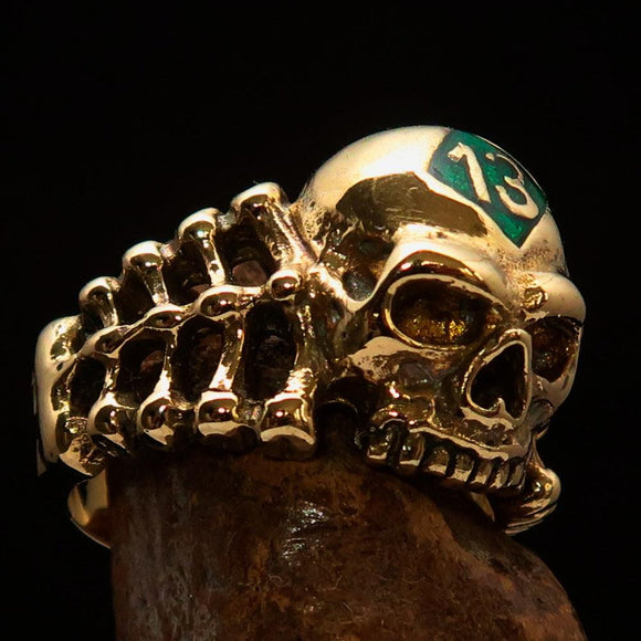 Excellent crafted Men's Skull and Bones Ring green Number 13 - Brass - BikeRing4u