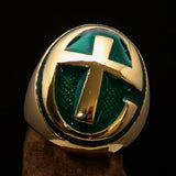 Excellent crafted Men's Ring modern green Christian Cross - Solid Brass - BikeRing4u