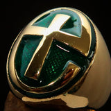 Excellent crafted Men's Ring modern green Christian Cross - Solid Brass - BikeRing4u