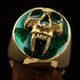 Excellent crafted oval Men's green Vampire Skull Ring - solid Brass - BikeRing4u