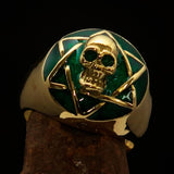 Excellent crafted domed Men's green Hexagram Skull Ring - solid Brass - BikeRing4u