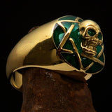 Excellent crafted domed Men's green Hexagram Skull Ring - solid Brass - BikeRing4u