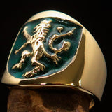 Excellent crafted ancient Men's green Rampant Lion Ring - Solid Brass - BikeRing4u