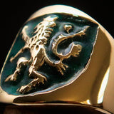 Excellent crafted ancient Men's green Rampant Lion Ring - Solid Brass - BikeRing4u