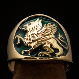 Excellent crafted Men's winged green Lion Griffin Ring - Solid Brass - BikeRing4u