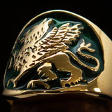 Excellent crafted Men's winged green Lion Griffin Ring - Solid Brass - BikeRing4u
