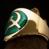 Excellent crafted Men's green Hammer and Sickle Crest Ring - Solid Brass - BikeRing4u