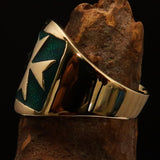 Excellent crafted Men's green Maltese Cross Biker Ring - solid Brass - BikeRing4u