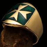 Excellent crafted Men's green Maltese Cross Biker Ring - solid Brass - BikeRing4u