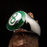 Nicely crafted domed Men's Number Ring green 8 Eight- Sterling Silver - BikeRing4u