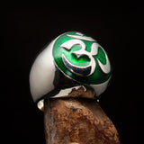 Nicely crafted domed Men's Buddhist Ring green Aum Symbol - Sterling Silver - BikeRing4u