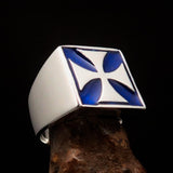 Perfectly crafted Men's Biker Ring Iron Cross Blue - Sterling Silver - BikeRing4u