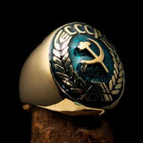 Perfectly crafted Men's Communist Ring Hammer Sickle Crest CCCP Blue - Solid Brass - BikeRing4u