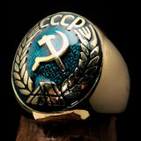 Perfectly crafted Men's Communist Ring Hammer Sickle Crest CCCP Blue - Solid Brass - BikeRing4u