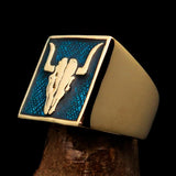 Perfectly crafted Men's Cowboy Ring Bull Skull Blue - Solid Brass - BikeRing4u