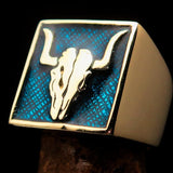Perfectly crafted Men's Cowboy Ring Bull Skull Blue - Solid Brass - BikeRing4u