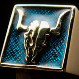 Perfectly crafted Men's Cowboy Ring Bull Skull Blue - Solid Brass - BikeRing4u