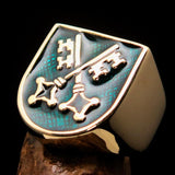 Perfectly crafted Men's Shield Ring Crossed Skeleton Keys Green - Solid Brass - BikeRing4u