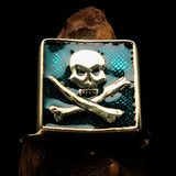 Perfectly crafted Men's Chef Skull Ring Crossed Fork Knife Blue - Solid Brass - BikeRing4u