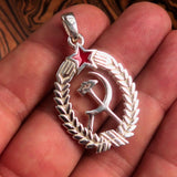 Red Star Sterling Silver Communist Crest Pendant Hammer and Sickle - BikeRing4u