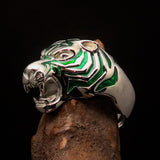 Excellent crafted Men's Animal Ring green Male Tiger - Sterling Silver - BikeRing4u