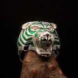 Excellent crafted Men's Animal Ring green Male Tiger - Sterling Silver - BikeRing4u