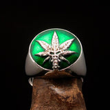 Men's Ring Cannabis Leaf Marihuana green Medical Weed Symbol - Sterling Silver - BikeRing4u