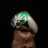 Men's Ring Cannabis Leaf Marihuana green Medical Weed Symbol - Sterling Silver - BikeRing4u