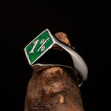 Men's Sterling Silver Biker Ring Diamond shaped green 1% Percent Outlaw Symbol - BikeRing4u