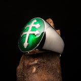 Excellent crafted oval domed Men's green Cross Lorraine Ring - Sterling Silver - BikeRing4u