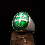 Excellent crafted oval domed Men's green Cross Lorraine Ring - Sterling Silver - BikeRing4u