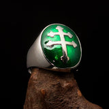 Excellent crafted oval domed Men's green Cross Lorraine Ring - Sterling Silver - BikeRing4u
