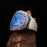 Excellent crafted ancient blue Celtic Birgit's Cross Men's Ring - Sterling Silver - BikeRing4u