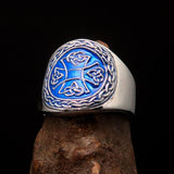 Excellent crafted ancient blue Celtic Birgit's Cross Men's Ring - Sterling Silver - BikeRing4u