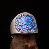 Excellent crafted ancient blue Celtic Birgit's Cross Men's Ring - Sterling Silver - BikeRing4u