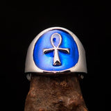 Excellent crafted Men's small blue Egyptian Ankh Cross Ring - Sterling Silver - BikeRing4u