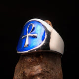 Excellent crafted Men's small blue Egyptian Ankh Cross Ring - Sterling Silver - BikeRing4u