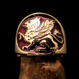 Excellent crafted Men's winged red Lion Griffin Ring - Solid Brass - BikeRing4u