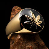Brass Marihuana Leaf Men's Ring in Black - BikeRing4u
