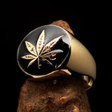 Brass Marihuana Leaf Men's Ring in Black - BikeRing4u
