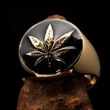Brass Marihuana Leaf Men's Ring in Black - BikeRing4u