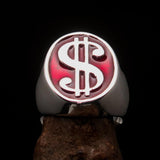 Excellent crafted Men's Currency Ring US Dollar Symbol Red - Sterling Silver - BikeRing4u