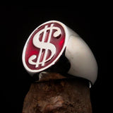 Excellent crafted Men's Currency Ring US Dollar Symbol Red - Sterling Silver - BikeRing4u