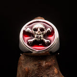 Nicely crafted Men's Pirate Ring red Jolly Roger crossed Bones Skull - Sterling Silver - BikeRing4u