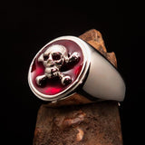 Nicely crafted Men's Pirate Ring red Jolly Roger crossed Bones Skull - Sterling Silver - BikeRing4u