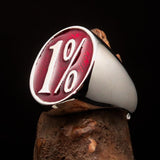 Nicely crafted Men's Outlaw Ring oval red 1% Percent Symbol - Sterling Silver - BikeRing4u