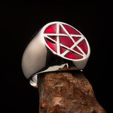 Excellent crafted Men's Wiccan Pinky Ring red Celtic Pentagram - Sterling Silver - BikeRing4u