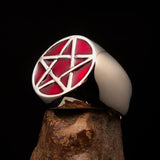 Excellent crafted Men's Wiccan Pinky Ring red Celtic Pentagram - Sterling Silver - BikeRing4u
