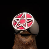 Excellent crafted Men's Wiccan Pinky Ring red Celtic Pentagram - Sterling Silver - BikeRing4u